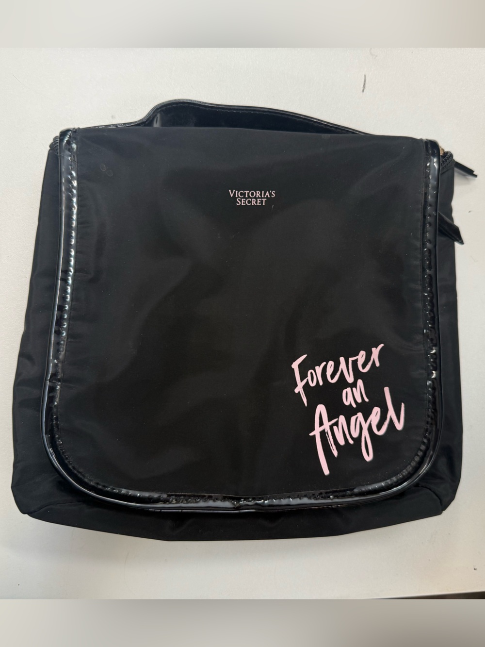 Victoria's Secret Black Cosmetic Case with Pink Script "Forever an Angel"